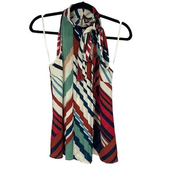New York & Company Tops - New York & Company Cream Blue Red Diagonal Stripes Neck Bow Sleeveless Blouse